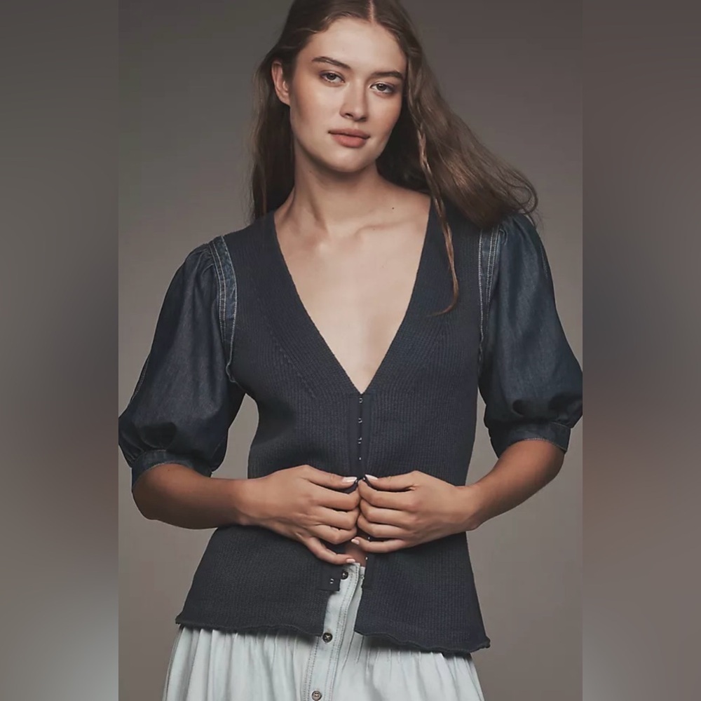 Pilcro Puff Sleeve V Neck Cardigan Blue 2X